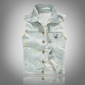 Men Distressed Denim Vest Vintage Frayed Hem Sleeveless Jacket Slim Fit Streetwear Cotton Denim Waistcoat Light Blue