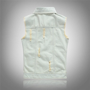 Slim fit light blue distressed denim vest for men featuring vintage ripped details on back