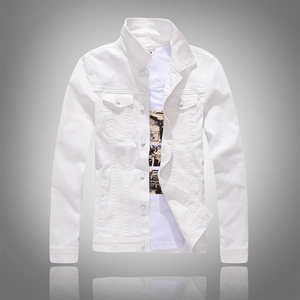 Men's slim fit white stretch denim jacket with a classic stand collar and button front