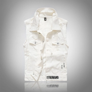 Men Casual Slim Fit Distressed Denim Vest White Sleeveless Jean Jacket With Slogan Print Streetwear Ripped Gilet For Men