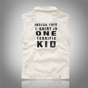 White ripped denim vest for men featuring black graphic text print and street style details