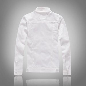 Detail view of white stretch denim jacket back with horizontal seams and adjustable hem buttons