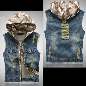 Men's Hooded Denim Vest Distressed Ripped Sleeveless Jacket With Camouflage Hood Slim Fit Casual Streetwear Blue Cotton Denim Waistcoat