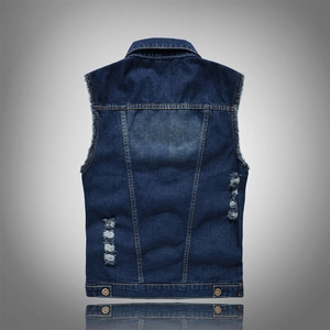 Rear view of distressed blue denim vest for men with ripped holes and washed details