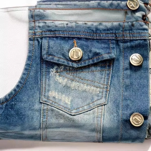 Slim fit men's denim vest with ripped detailing and metallic buttons in blue denim