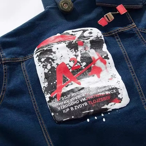 Deep blue denim jacket for men featuring a stylish white back patch with red A2 print
