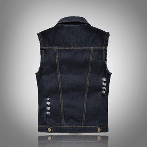 Slim fit black denim vest for men featuring back distressed holes and raw edge sleeves
