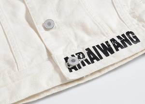 Detail of white denim vest featuring metal buttons and bold black ARAIWANG lettering