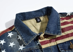 Close-up of vintage denim vest collar with American flag stars and stripes pattern