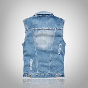 Light blue slim fit denim vest for men with stylish distressed rips and back button detail