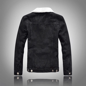 Rear view of black denim winter jacket featuring warm white fleece collar and metal buckles