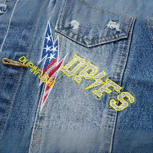 Streetwear slim fit denim vest featuring vintage patchwork design and star-spangled embroidery