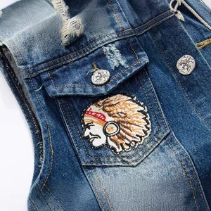 Men's slim denim vest featuring vintage embroidery and distressed details in dark blue