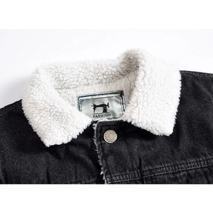 Winter slim fit black denim jacket with thick white sherpa collar and metal button detail
