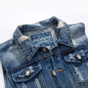 Slim fit blue denim vest for men with distressed ripped details and metal buttons
