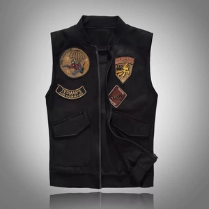 Men's Slim Fit Military Style Vest With Embroidery Patches Black Cotton Blend Sleeveless Jacket Workwear Casual Waistcoat
