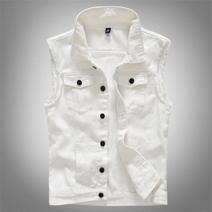 Men Casual White Denim Vest Slim Fit Turn-Down Collar Sleeveless Jacket With Black Buttons Raw Hem Fashion Waistcoat