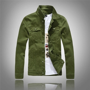 Men's olive green denim jacket featuring a classic stand collar and double chest pockets