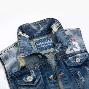 Vintage blue distressed denim vest for men with number 23 embroidery and frayed edges