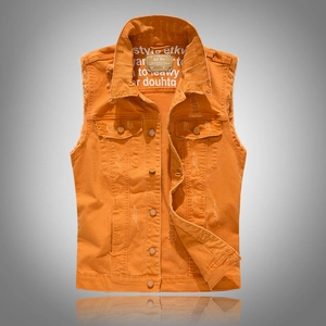 Gilet en Denim Orange Décontracté pour Hommes Coupe Ajustée Déchiré Usé Veste Sans Manches Avec Col Rabattu Mode Streetwear