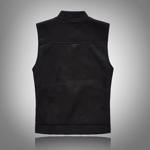 Back view of black slim fit men's vest featuring ribbed collar and windproof fabric design