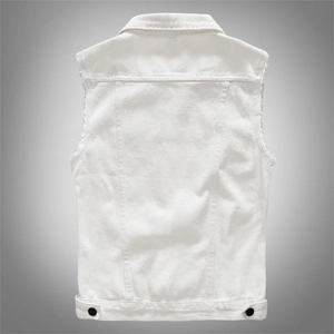 Rear view of a white slim-fit denim vest for men featuring contrast black buttons and seam detail