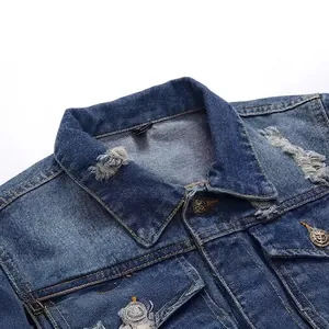 Distressed dark blue denim jacket for men featuring vintage metal buttons and ripped details