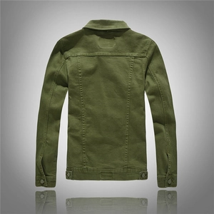 Rear view of slim fit military green cotton twill jacket with adjustable button hem