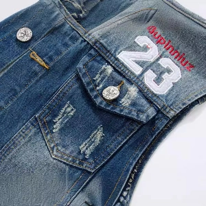 Slim fit blue denim vest with vintage distressed finish and 23 embroidery detail