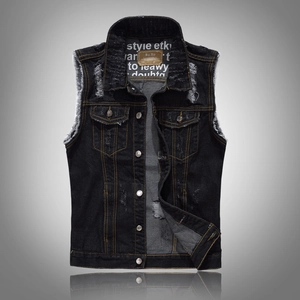 Men Slim Fit Black Denim Vest Distressed Ripped Sleeveless Jacket With Contrast Stitching Retro Streetwear Waistcoat