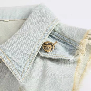Slim fit light blue denim vest for men with heart metal button and raw edge collar