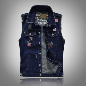Men Slim Fit Denim Vest Distressed Ripped Patchwork Sleeveless Trucker Jacket Casual Button Up Blue Waistcoat Outwear
