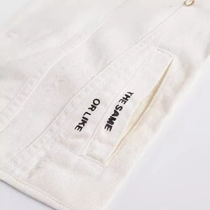 Mens slim fit white denim vest with black letter prints and high-quality twill texture