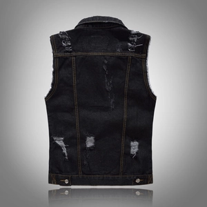 Slim fit black denim vest for men with distressed holes and back stitching details