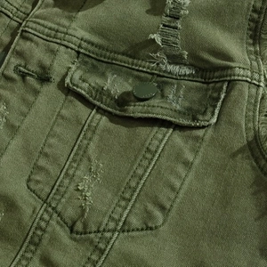 Army green denim vest for men featuring distressed details and chest pocket with button