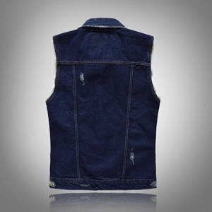 Slim fit dark blue denim vest for men with distressed back details and frayed armholes