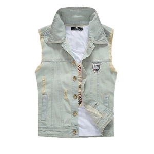 Slim fit light blue denim vest for men featuring distressed armholes and chest patch