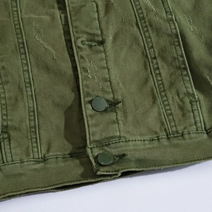 Slim fit olive green distressed denim vest with metal buttons and rugged texture detail