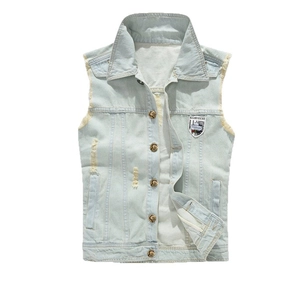 Men's slim fit light blue denim vest with distressed ripped details and raw edges