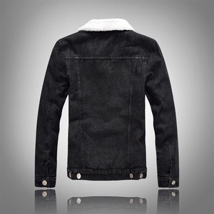 Men's winter black denim jacket with white fleece collar and back stitching details