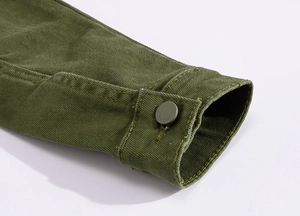 Macro shot of army green cotton jacket cuff with engraved logo button and stitching
