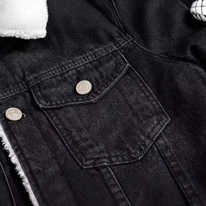 Men's winter black denim jacket with white fleece lining and metal buttons detail