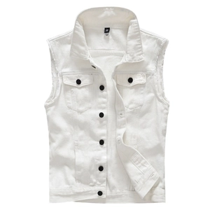 Slim fit white denim vest for men with black buttons and distressed frayed edges