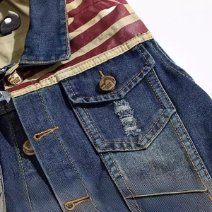 Slim fit denim vest for men with retro flag pattern patchwork and distressed details