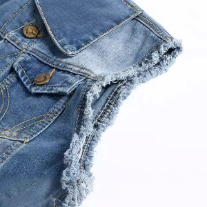 Slim fit light blue denim vest for men featuring distressed frayed edges and metal buttons