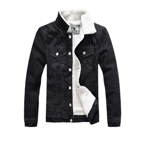 Slim fit men black denim jacket with thick white sherpa lining and metal buttons