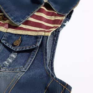 Mens slim fit denim vest with vintage American flag pattern and metallic buttons