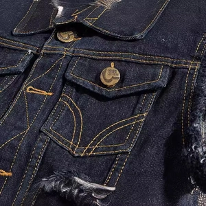 Distressed black denim vest for men featuring contrast orange stitching and metal buttons