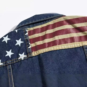 Slim fit denim vest for men featuring a vintage American flag pattern on the back
