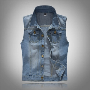Men Casual Slim Fit Light Blue Denim Vest Distressed Ripped Washed Cotton Blend Sleeveless Jacket Lapel Single Breasted Jean Waistcoat